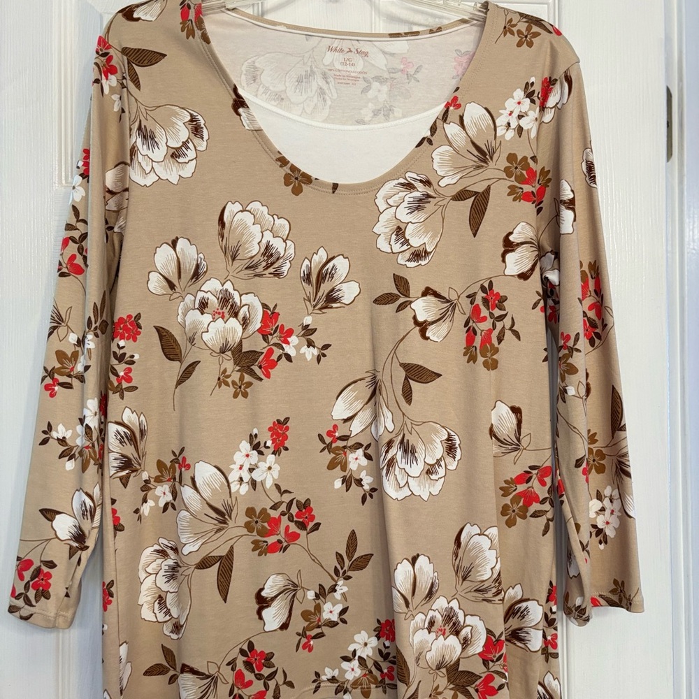 White Stag Relaxed Tan and Brown 3/4 Sleeve Blouse